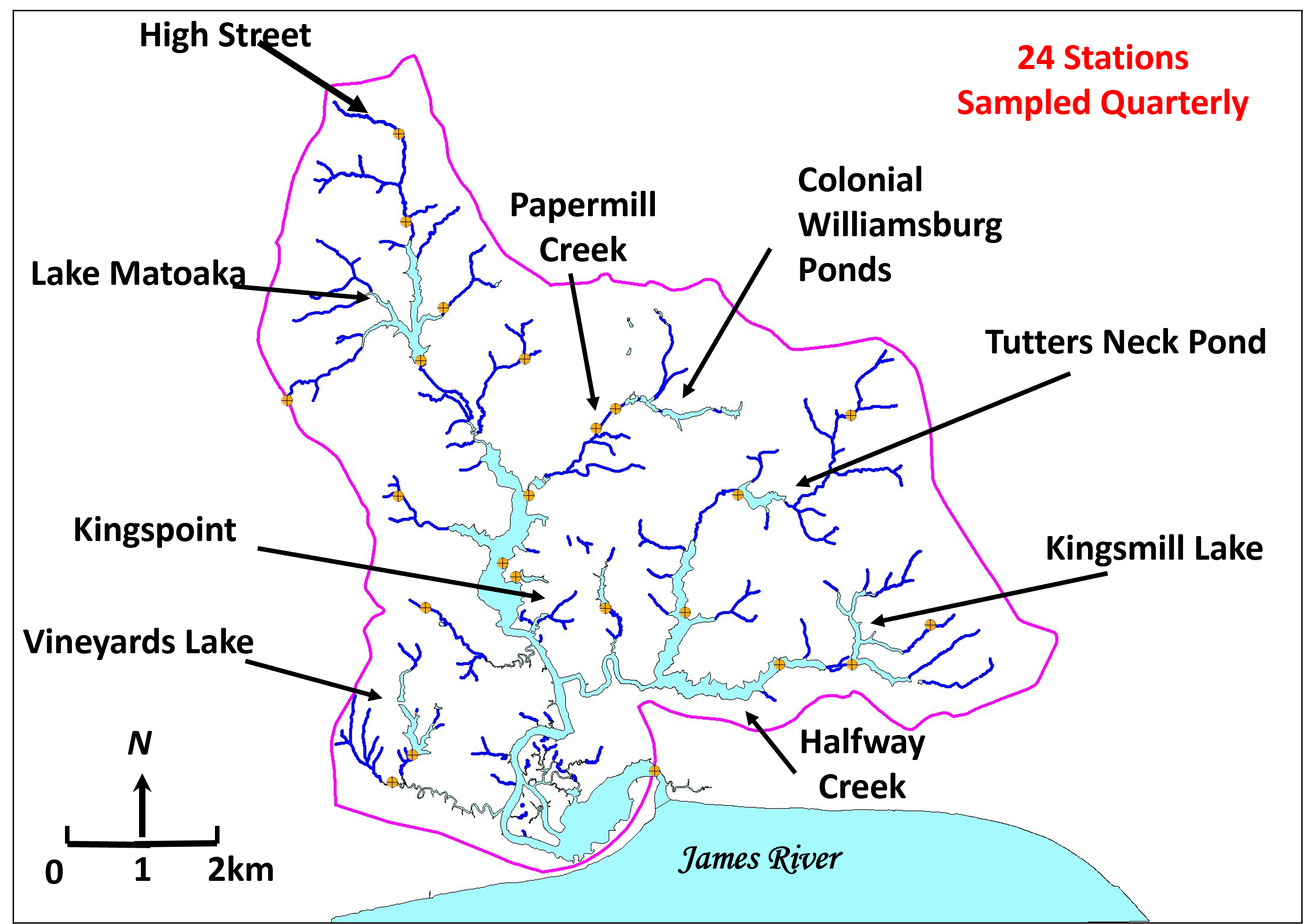 Map of survey locations in the College Creek watershed.